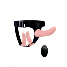 Женский страпон с 3 насадками и вибрацией телесный с черным 