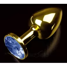Золотистая анальная втулка с синим стразом - 7 см синий 