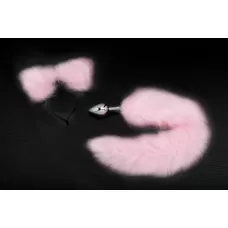 Серебристая анальная пробка с розовым хвостиком и ободком-ушками розовый 