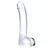 Прозрачный стеклянный фаллос с мошонкой Curved G-Spot - 18 см прозрачный 