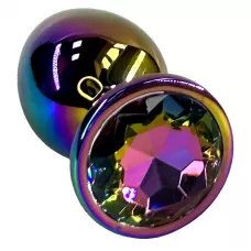 Анальная пробка цвета неохром с радужным кристаллом - 10 см разноцветный 