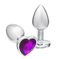 Серебристая анальная пробка с фиолетовым кристаллом в форме сердца - 7 см фиолетовый 