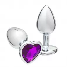 Серебристая анальная пробка с фиолетовым кристаллом в форме сердца - 7 см фиолетовый 