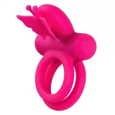Розовое эрекционное виброкольцо Silicone Rechargeable Dual Butterfly Ring розовый 