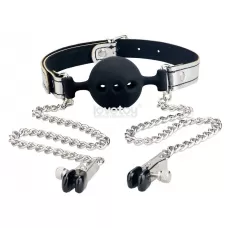 Серебристо-черный кляп с зажимами на соски Breathable Ball Gag With Nipple Clamp серебристый с черным 