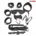 Большой игровой набор БДСМ: наручники, оковы, маска, кляп, плеть, ошейник с поводком, верёвка, зажимы для сосков черный 