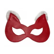 Красная маска из натуральной кожи с белым мехом на ушках красный с белым 