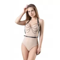 Кожаная портупея Aura с цепочками черный с серебристым S-M-L