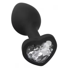 Черная силиконовая анальная пробка с прозрачным стразом-сердечком - 7,3 см черный 