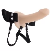 Телесный полый страпон с черными эластичными ремешками Our First Hollow Strap On телесный с черным 