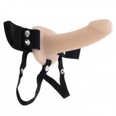 Телесный полый страпон с черными эластичными ремешками Our First Hollow Strap On телесный с черным 