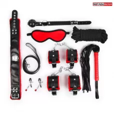Стильный черно-красный набор БДСМ: маска, кляп, зажимы, плётка, ошейник, наручники, оковы, верёвка черный с красным 