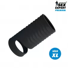 Черная открытая насадка на пенис с кольцом для мошонки XL-size - 8,9 см черный 
