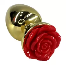 Золотистая анальная пробка с ограничителем в форме красной розы - 10 см золотистый 
