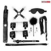 Большой набор БДСМ в черном цвете: маска, кляп, зажимы, плётка, ошейник, наручники, оковы, щекоталка, фиксатор черный 