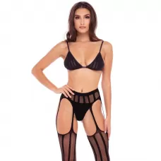 Эротический комплект 3 Piece Sheer Striped Bra Thong   Garter Belt Set черный S-M