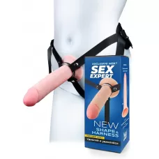 Мужской полый страпон на регулируемых ремешках - 22 см телесный с черным 