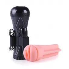 Телесный мастурбатор-вагина в черной колбе с вибрацией телесный с черным Телесный мастурбатор-вагина в черной колбе с вибрацией телесный с черным