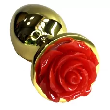 Золотистая анальная пробка с ограничителем в форме красной розы - 8 см золотистый 