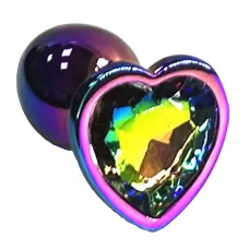 Анальная пробка цвета неохром с радужным кристаллом в форме сердца - 7 см разноцветный 
