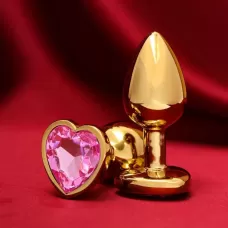 Золотистая анальная пробка с розовым кристаллом в форме сердца - 7 см розовый 