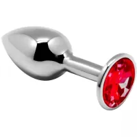 Серебристая анальная втулка с красным кристаллом Mini Metal Butt Plug Size S - 7 см красный 