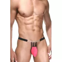 Розово-черные трусы-стринги с серебристыми кольцами розовый с черным S-M
