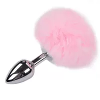 Серебристая анальная втулка с розовым хвостиком Alive Metal Anal Fluffly Plug S розовый 