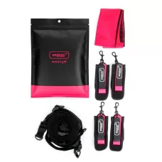 Черно-розовый эротический набор: фиксатор, оковы, наручники, повязка черный с розовым 