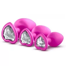 Набор розовых анальных пробок с прозрачным кристаллом-сердечком Bling Plugs Training Kit розовый 