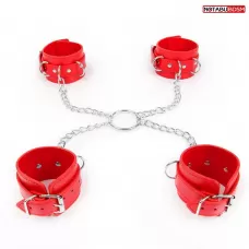 Комплект красных наручников и оков на металлических креплениях с кольцом красный 