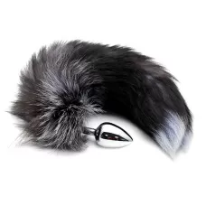 Серебристая анальная пробка с темным лисьим хвостом Black   White Fox Tail Size M серебристый с черным 