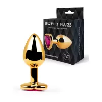 Золотистая анальная пробка с малиновым кристаллом - 9 см малиновый 