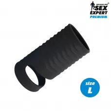 Черная открытая насадка на пенис с кольцом для мошонки L-size - 8,5 см черный 