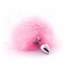 Серебристая анальная пробка с розовым хвостиком розовый 