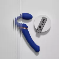 Синий безремневой страпон Multi Orgasm Bendable Strap-On size L с клиторальной стимуляцией синий 