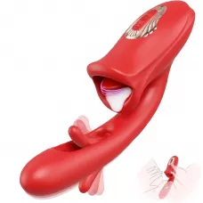 Красный вибратор с функциями фингеринга и лизания - 25,1 см красный 