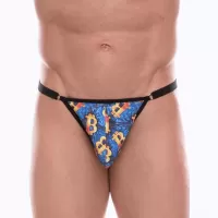 Синие мужские трусы-тонги с разноцветным принтом синий XL