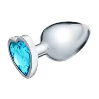 Серебристая коническая анальная пробка с голубым кристаллом-сердечком - 9 см голубой 