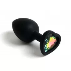 Черная анальная силиконовая пробка с радужным стразом-сердцем - 7,5 см разноцветный 