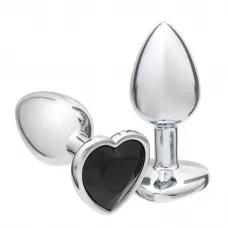Серебристая анальная пробка с чёрным кристаллом в форме сердца - 7 см серебристый с черным 