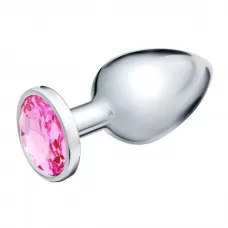 Серебристая коническая анальная пробка с розовым кристаллом - 9 см розовый 