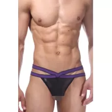 Мужские трусы-стринги на контрастной двойной резинке черный с фиолетовым L-XL