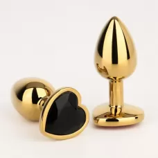 Золотистая анальная пробка с черным кристаллом в форме сердца - 7 см золотистый 